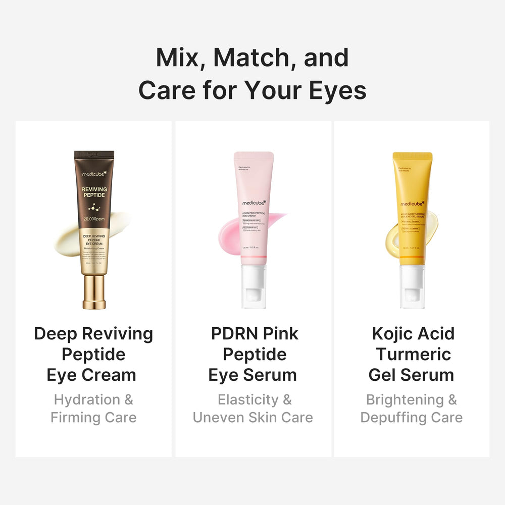 Medicube eye serum before-after teaser suggests smoother under-eye texture.