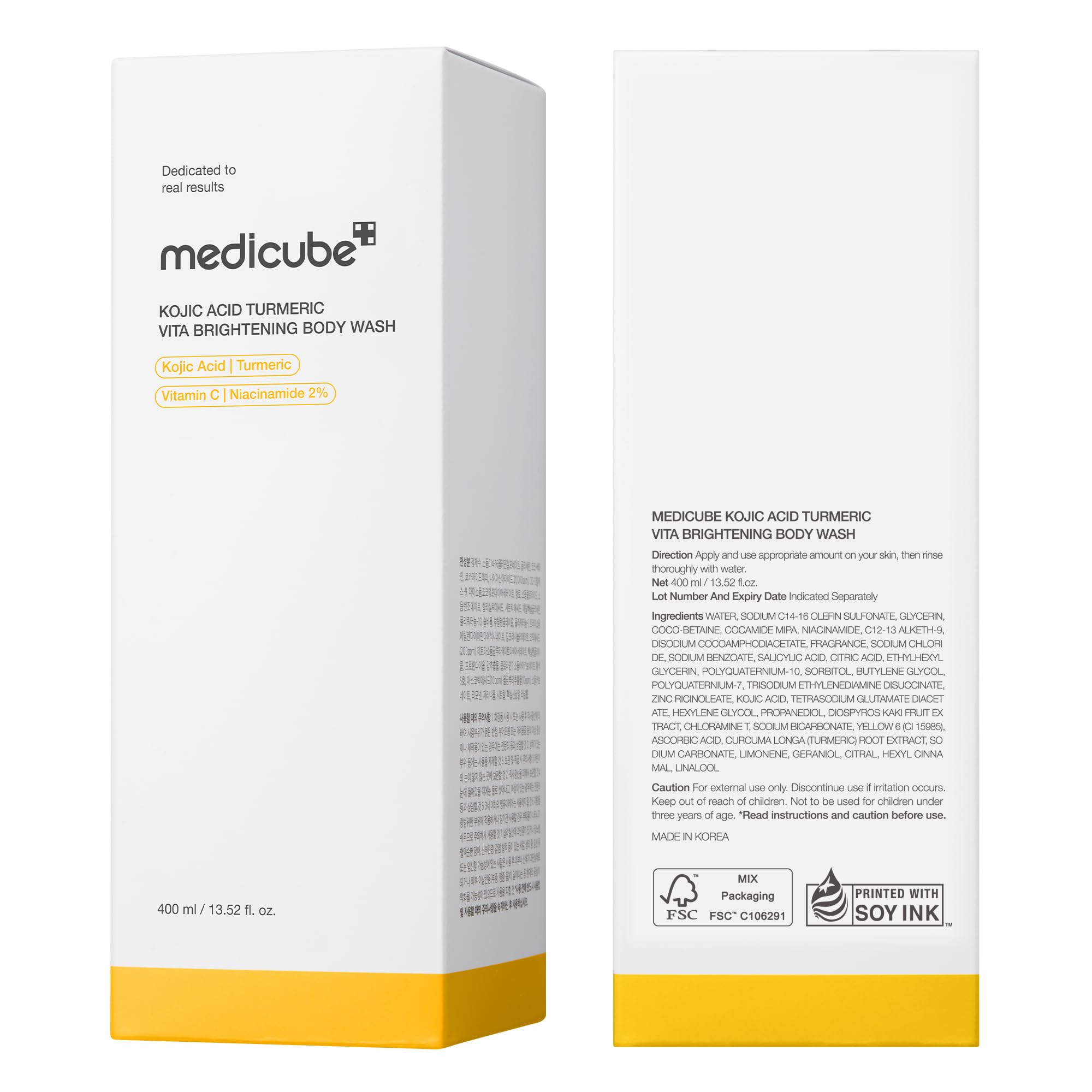 Medicube Kojic Acid Turmeric Brightening Body Wash bathroom glow hints at radiant skin.