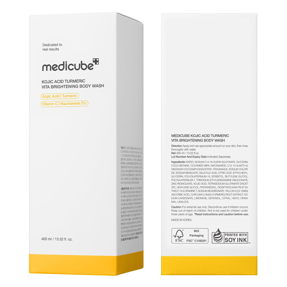 Medicube Kojic Acid Turmeric Brightening Body Wash bathroom glow hints at radiant skin.