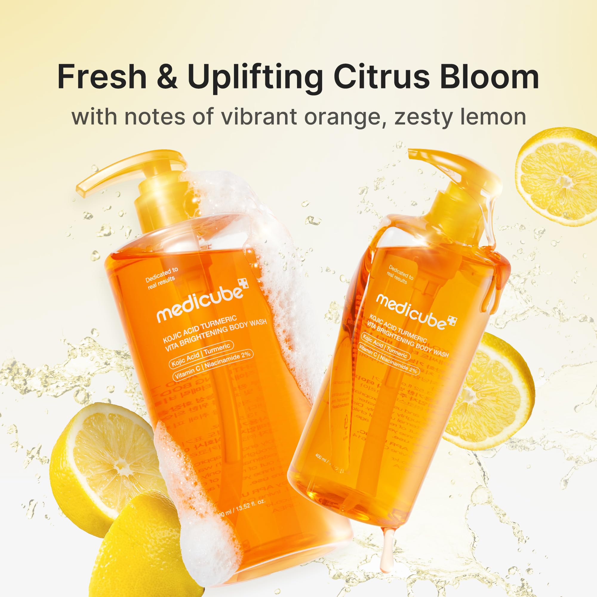Medicube Kojic Acid Turmeric Brightening Body Wash foam rinse conveys cleansing with hydrating after-feel.
