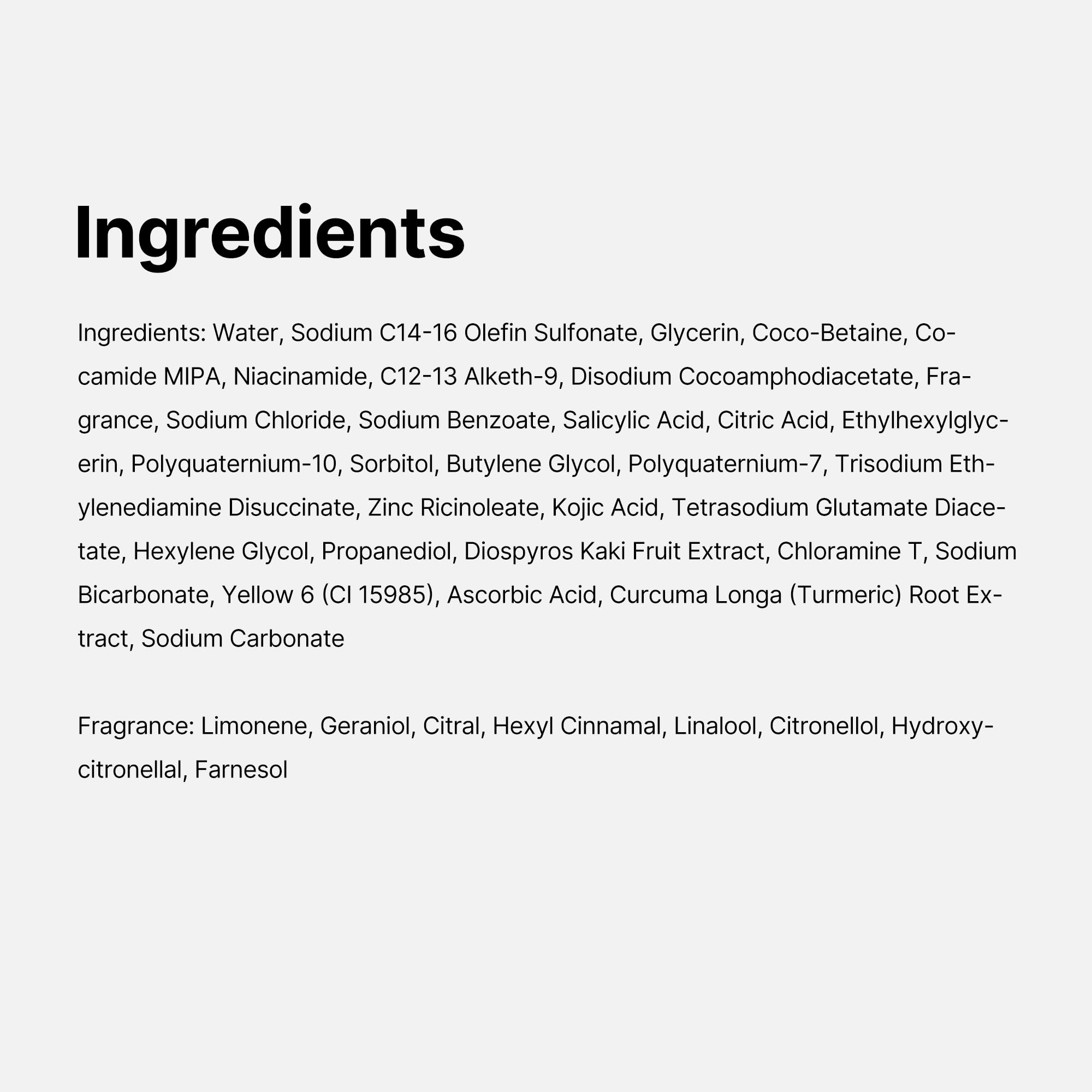 Medicube Kojic Acid Turmeric Brightening Body Wash ingredients highlight Niacinamide and Vitamin C benefits.
