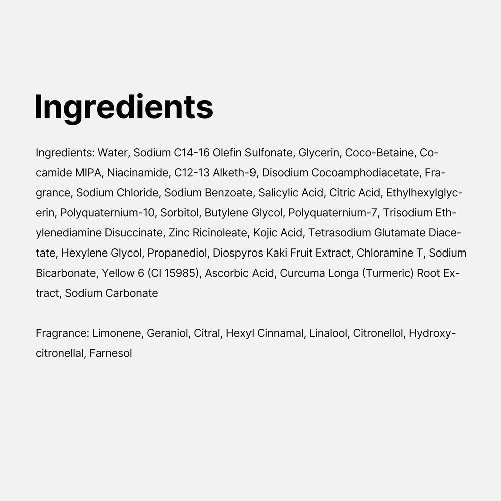 Medicube Kojic Acid Turmeric Brightening Body Wash ingredients highlight Niacinamide and Vitamin C benefits.