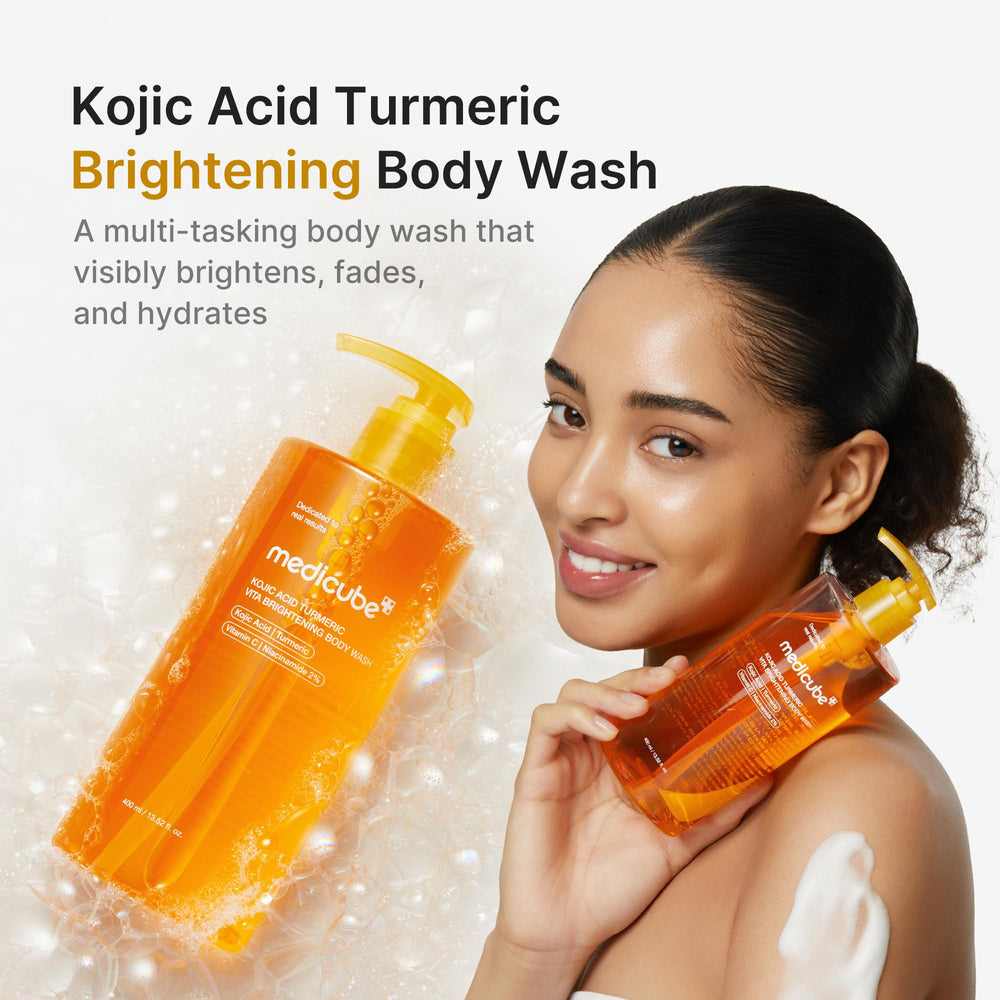 Medicube Kojic Acid Turmeric Brightening Body Wash lather close-up suggests rich, skin-softening foam.