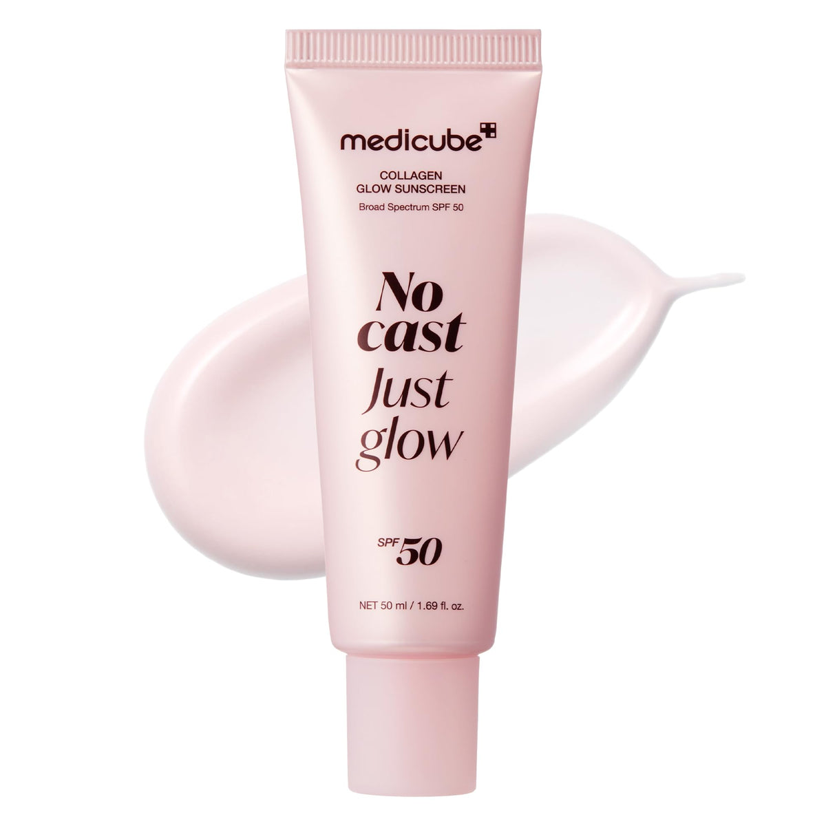 Medicube No Cast Just Glow sunscreen bottle pour shows easy dispensing for skincare-ready use