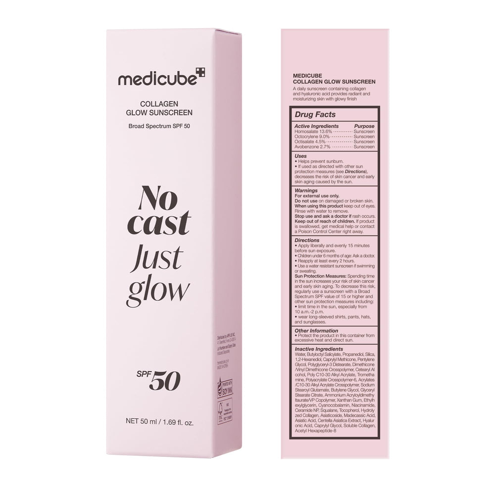 Medicube No Cast Just Glow infographic hints at collagen peptides and cica benefits