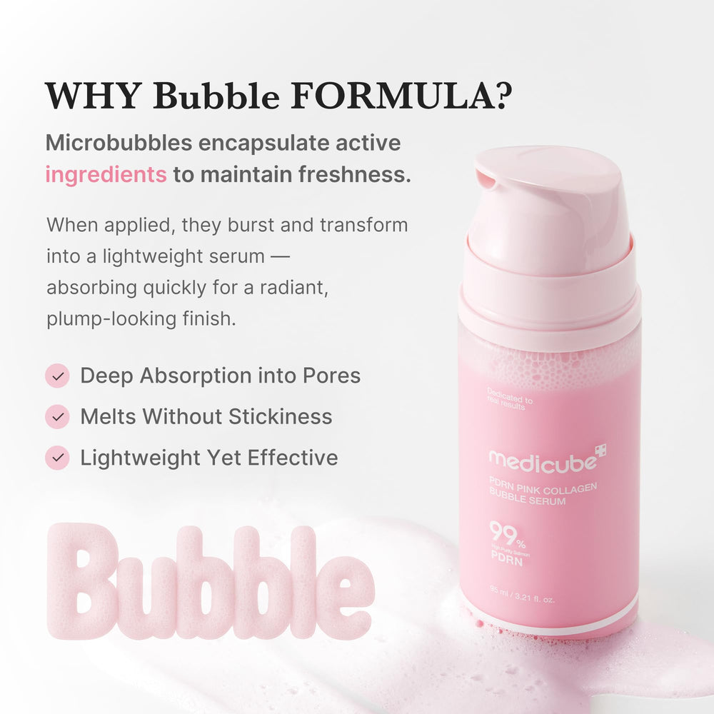 Medicube PDRN Pink Bubble Serum featuring Hyaluronic Acid for moisture