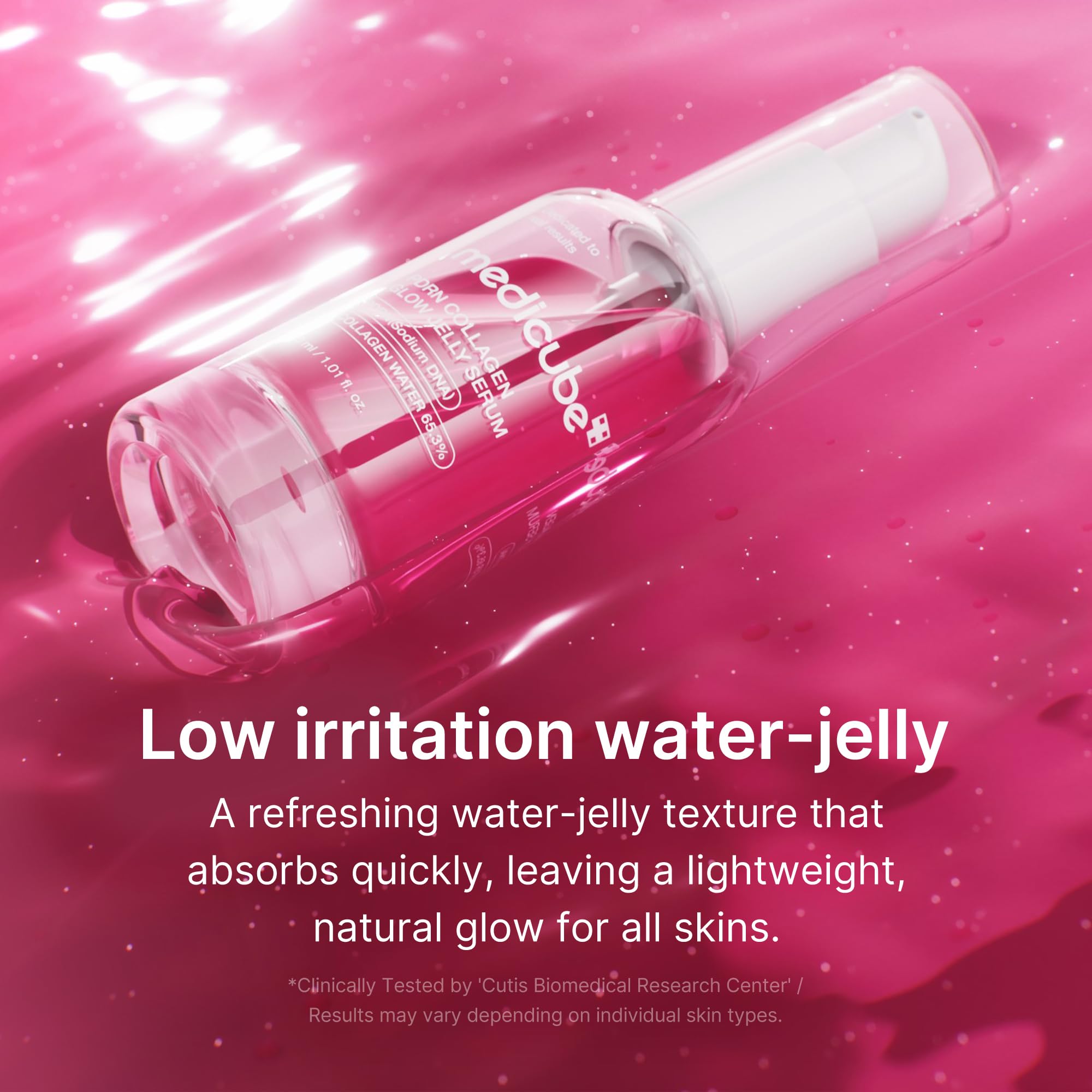 Medicube PDRN Pink Collagen Glow Serum in hand for daily use