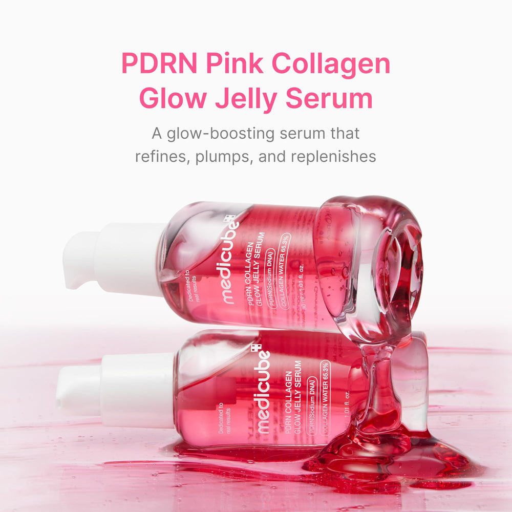 Medicube PDRN Pink Collagen Glow Serum texture close-up shows fast-absorbing jelly