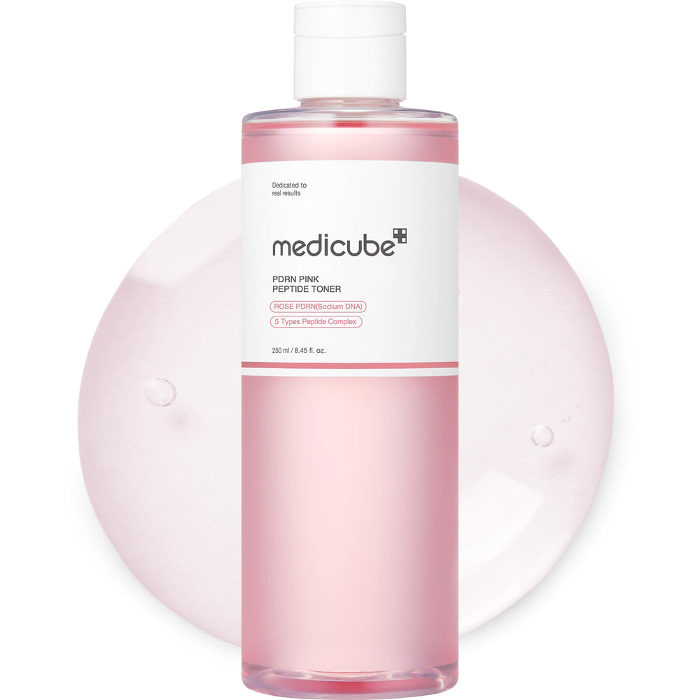 Medicube PDRN Toner bottle with rose highlights hydrates the skin.