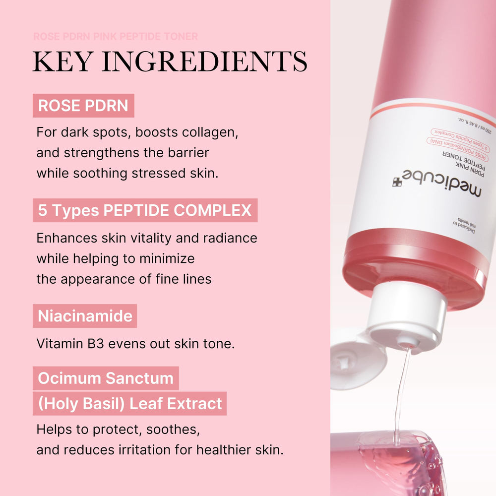 Medicube PDRN Toner ingredient blend emphasizes peptides for even tone.