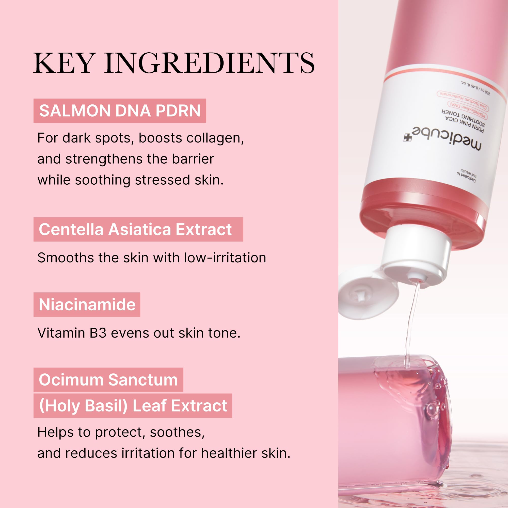 Medicube PDRN Toner bottle pour shows a light, watery texture for even application.