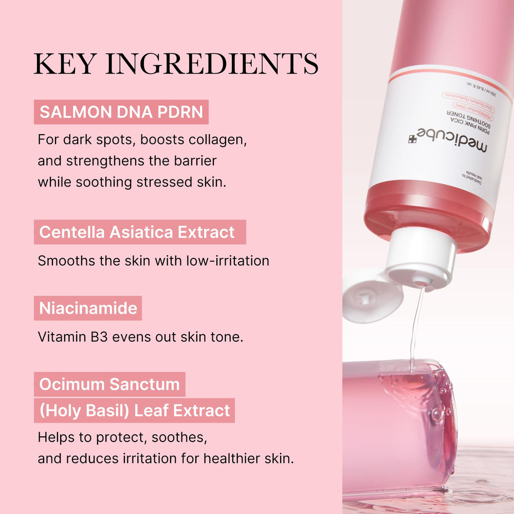Medicube PDRN Toner bottle pour shows a light, watery texture for even application.