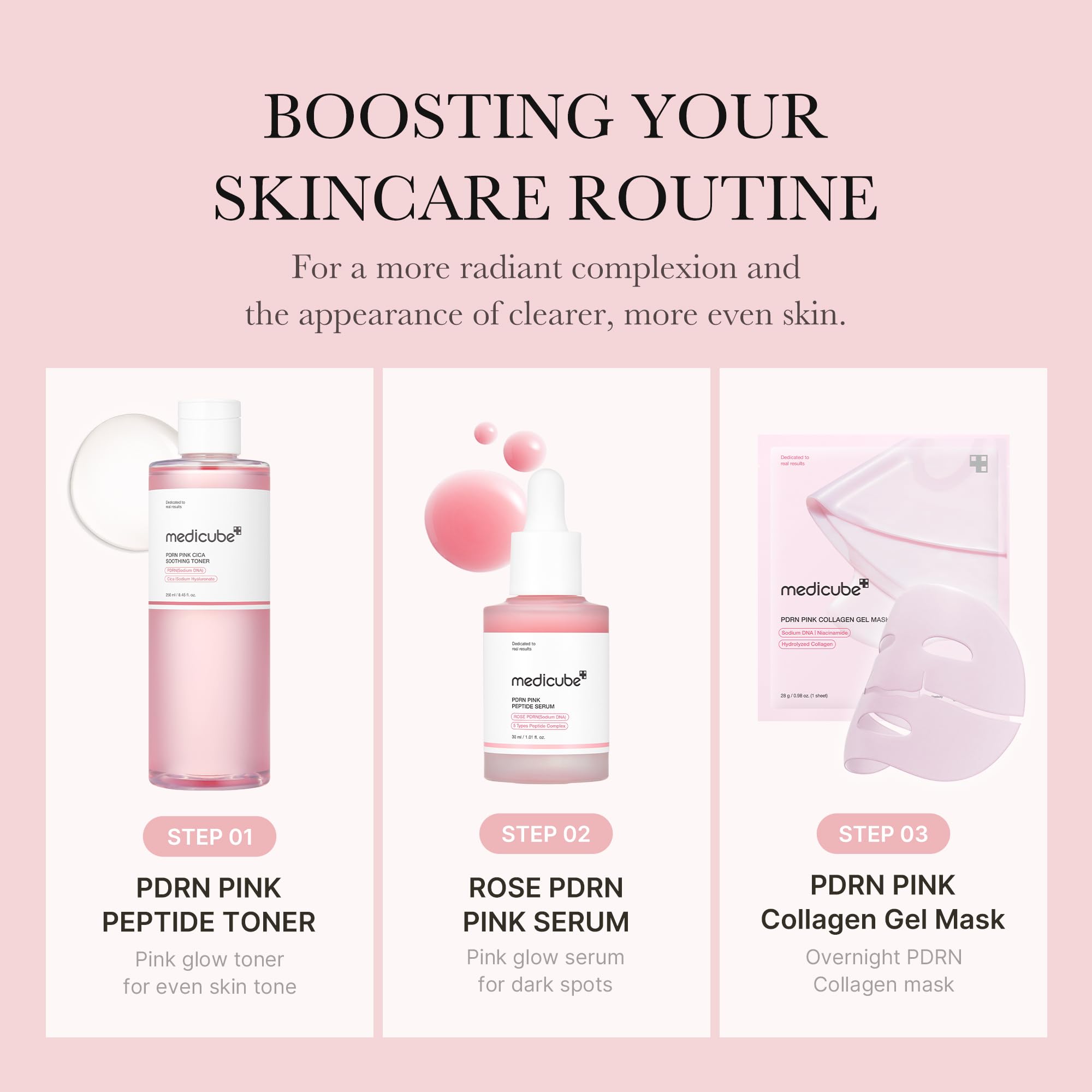 Medicube PDRN Toner peptide complex supports elasticity and resilience.