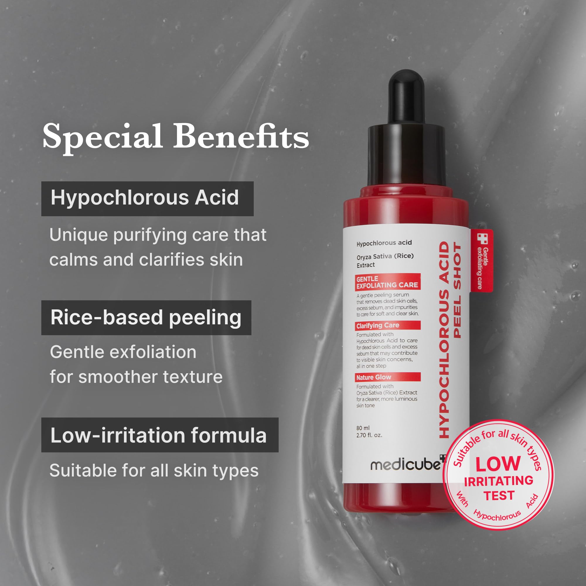 Medicube Peel Shot with hyaluronic acid and panthenol boosts moisture.