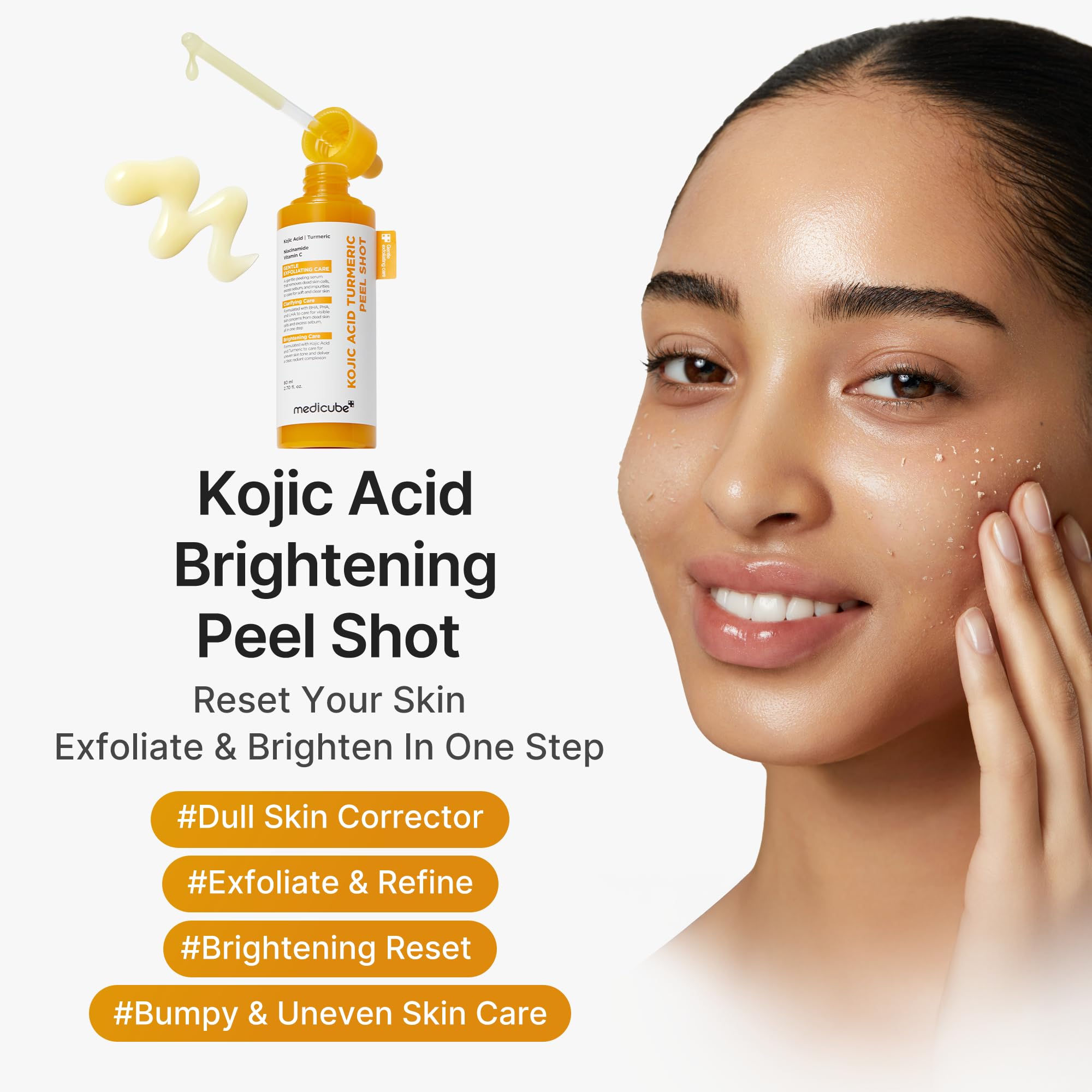 Medicube Peel Shot with Turmeric texture close-up reveals smooth, lightweight serum for daily care.