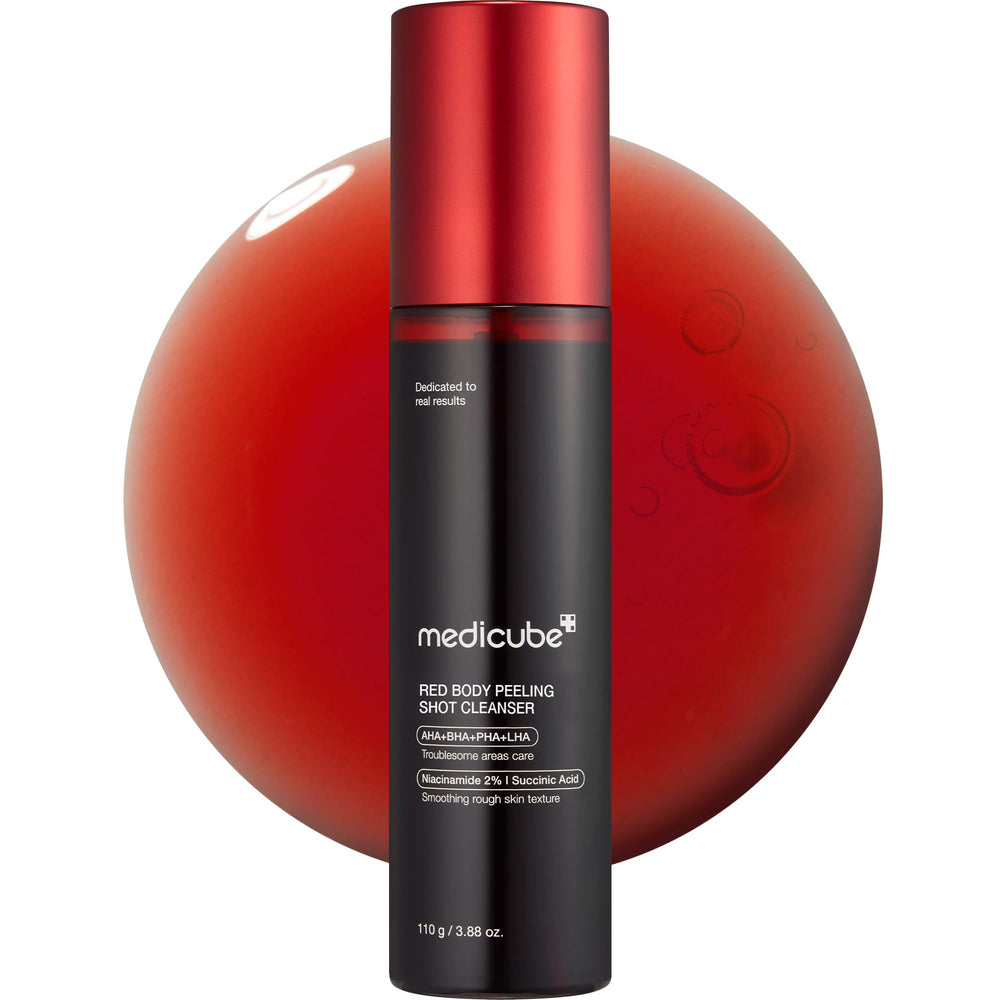 Medicube Red Body Peeling Shot bottle front ready for smoother skin prep.