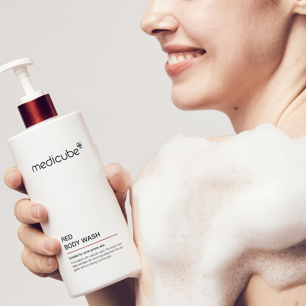 Medicube Red Body Wash label detail featuring niacinamide and acids.