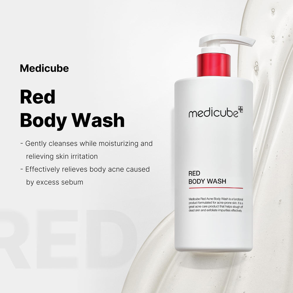 Medicube Red Body Wash pour shot highlighting a gentle low pH cleanse.
