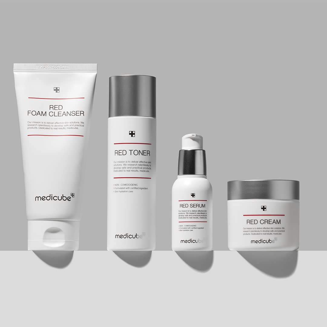 Medicube Red Serum 2.0 application scene, emphasizing soothing relief and calm complexion.