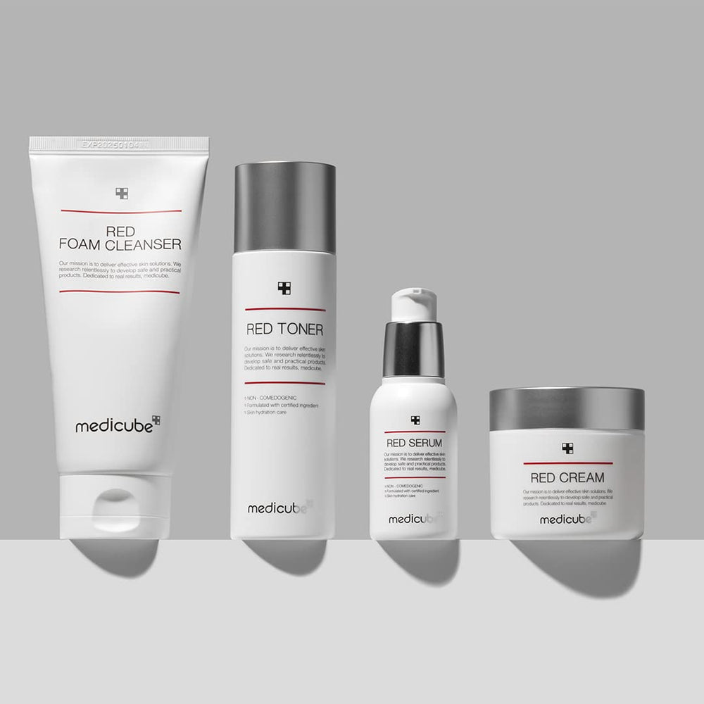 Medicube Red Serum 2.0 application scene, emphasizing soothing relief and calm complexion.