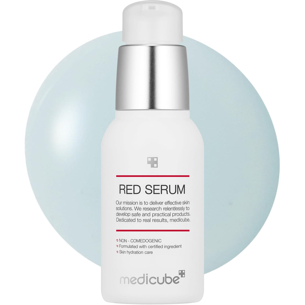 Medicube Red Serum 2.0 bottle close-up, gentle, non-irritating formula for breakout-prone skin.