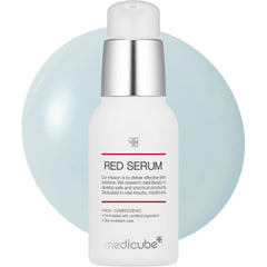 Medicube Red Serum 2.0 bottle close-up, gentle, non-irritating formula for breakout-prone skin.