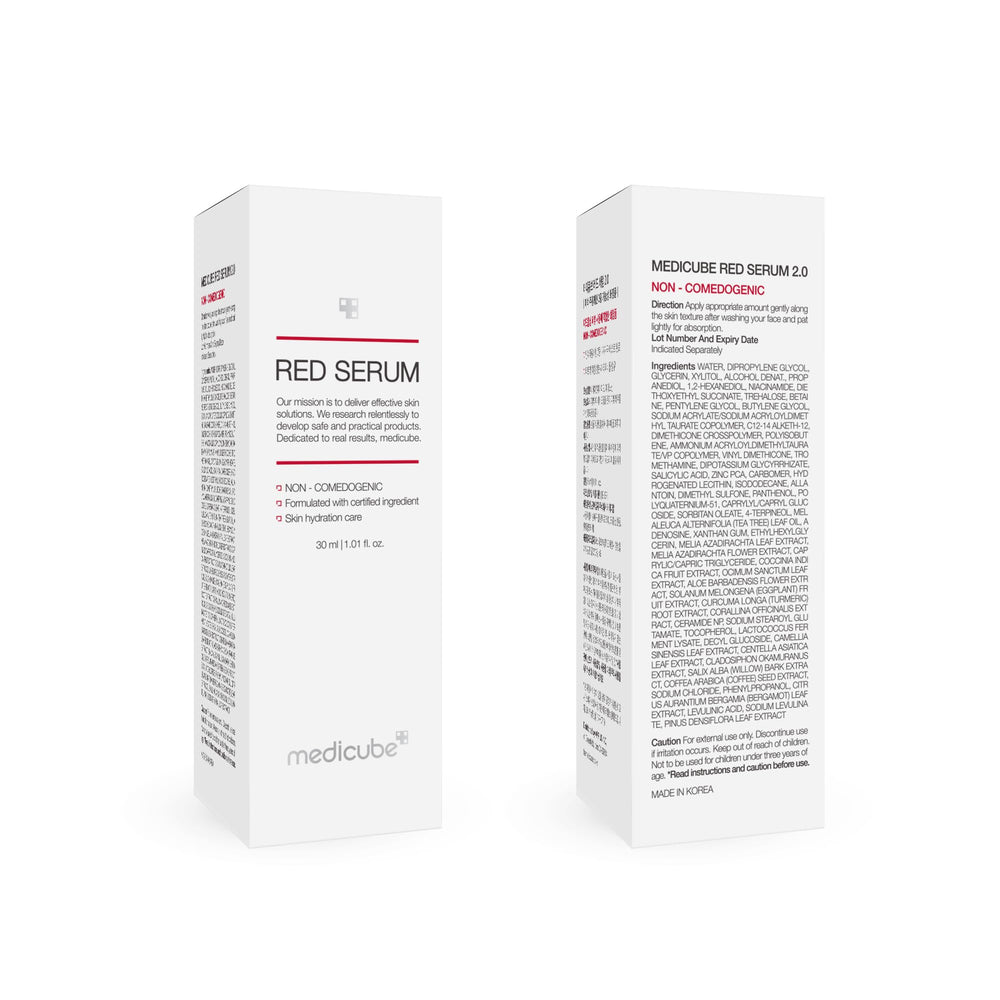 Medicube Red Serum 2.0 product glows softly on skin, suggesting redness reduction.