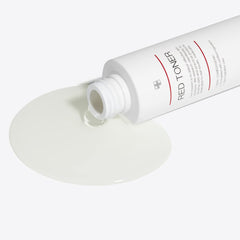 Medicube Red Toner 2.0 bottle label close-up, showing a gentle, non-irritating formula.