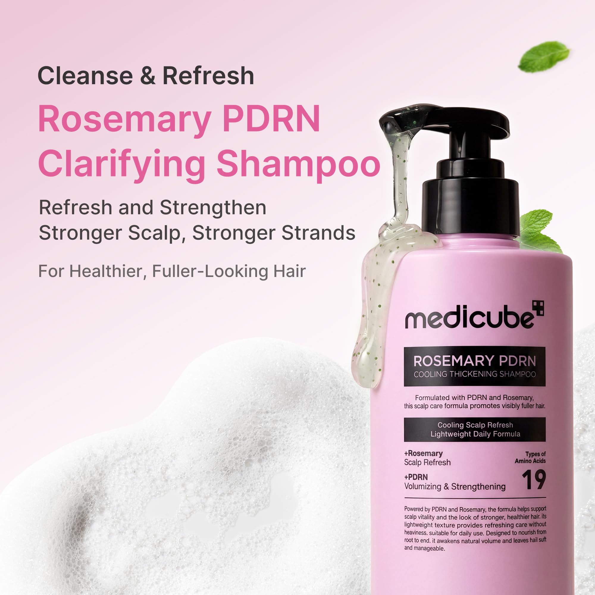 Medicube Rosemary PDRN Clarifying Shampoo foam lather shows gentle cleansing.