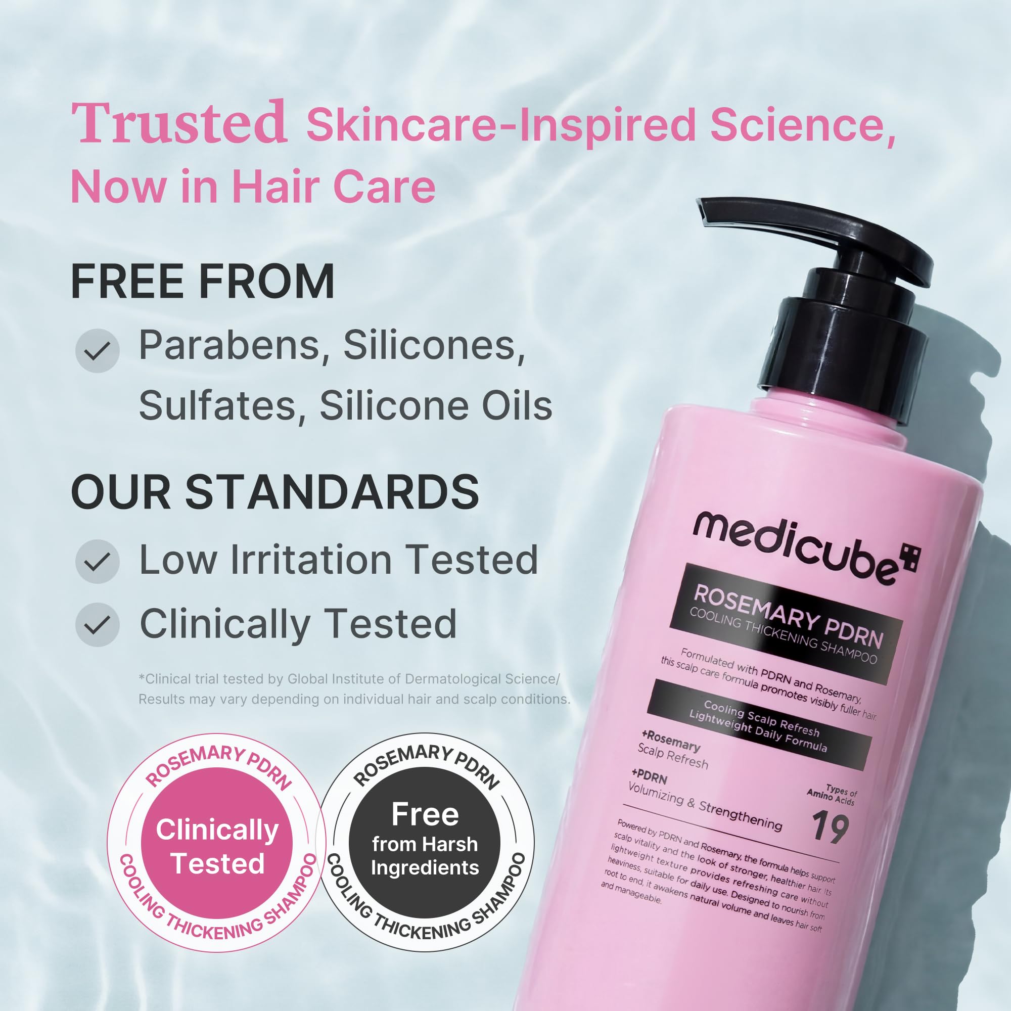 Medicube Rosemary PDRN Clarifying Shampoo hair ends closeup suggests lightweight nourishment.