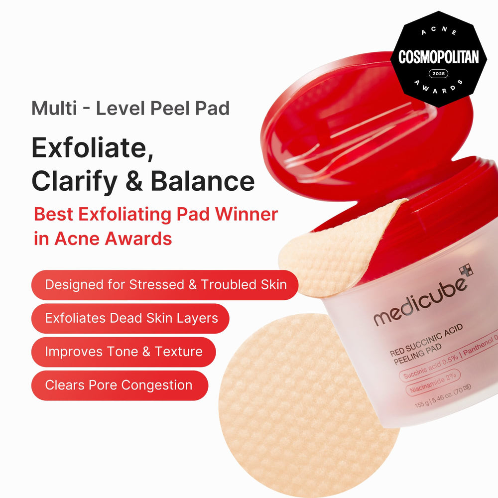 Medicube Toner Pads on the face for gentle exfoliation and smooth skin.