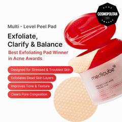 Medicube Toner Pads on the face for gentle exfoliation and smooth skin.