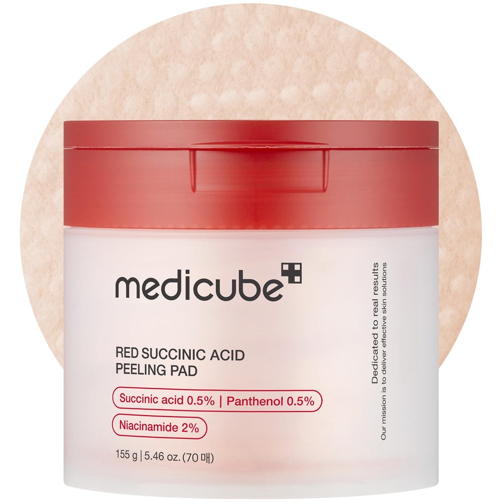 Medicube Toner Pads bottle highlighting succinic acid for acne-prone skin support.