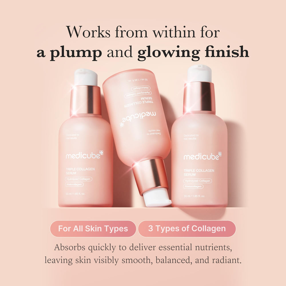 Medicube Triple Collagen Serum bottle pump demonstrates easy, on-go application.
