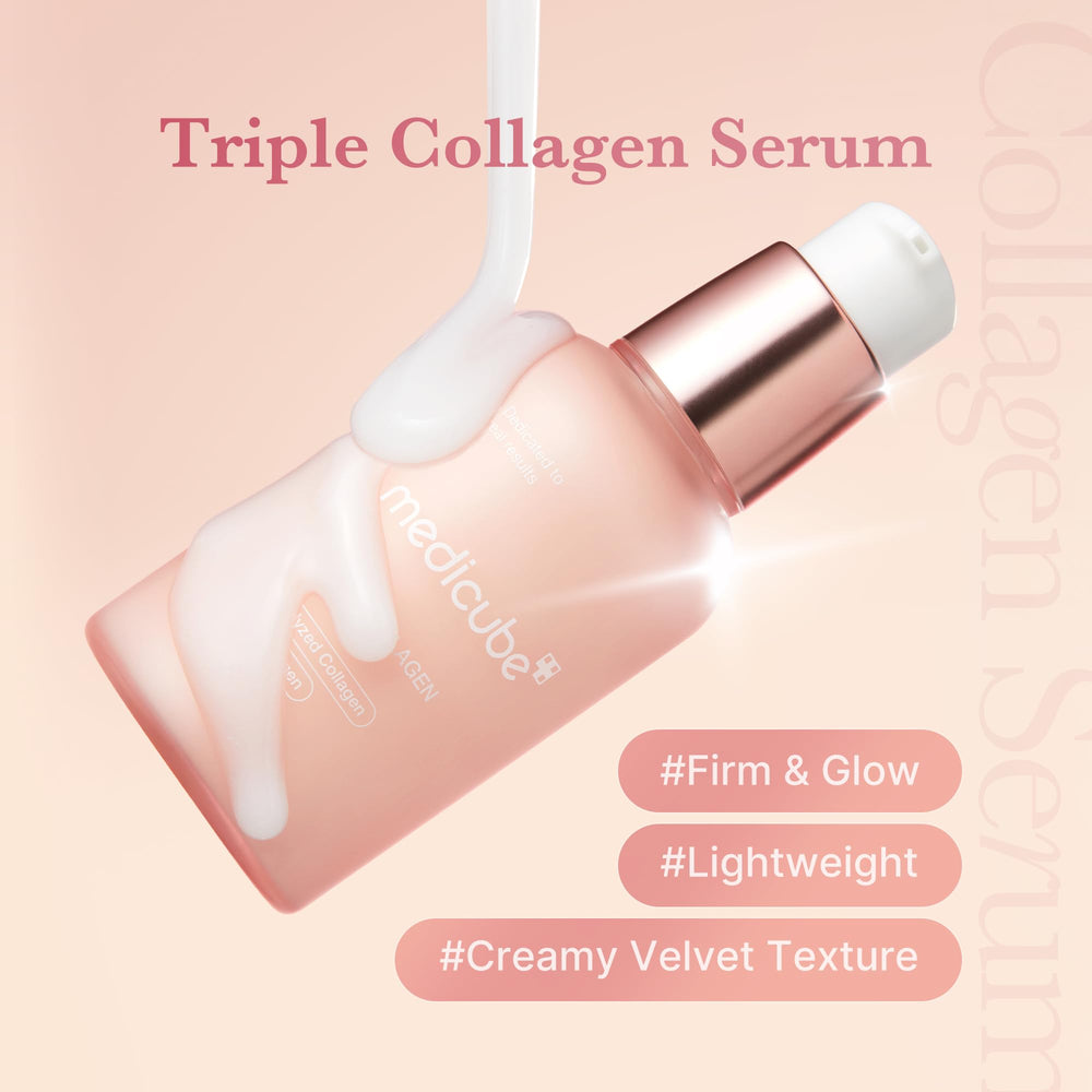 Medicube Triple Collagen Serum texture close-up reveals lightweight, fast-absorbing formula.