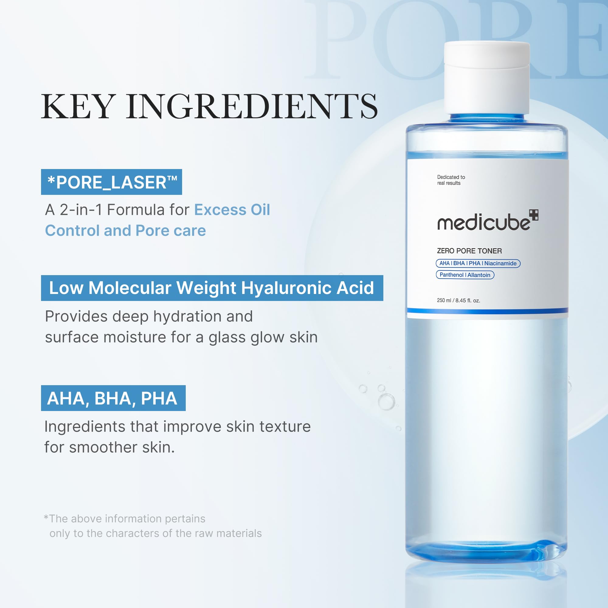Medicube Zero Pore Toner ingredient panel highlights AHA, BHA, PHA.