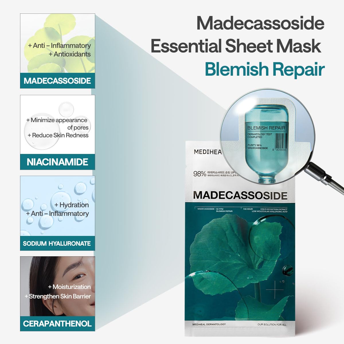 Mediheal applying Madecassoside mask to skin supports soothing hydration