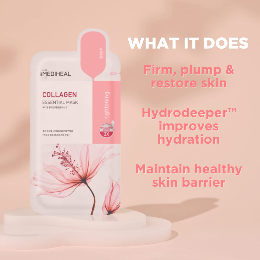Mediheal Collagen Essential Mask application on face demonstrates comfortable wear during routine.