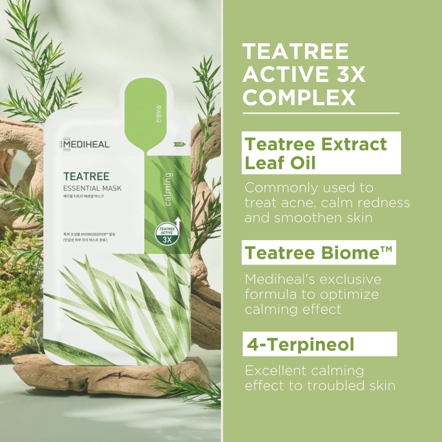 Mediheal Tea Tree Mask sheet on face demonstrating soothing application.