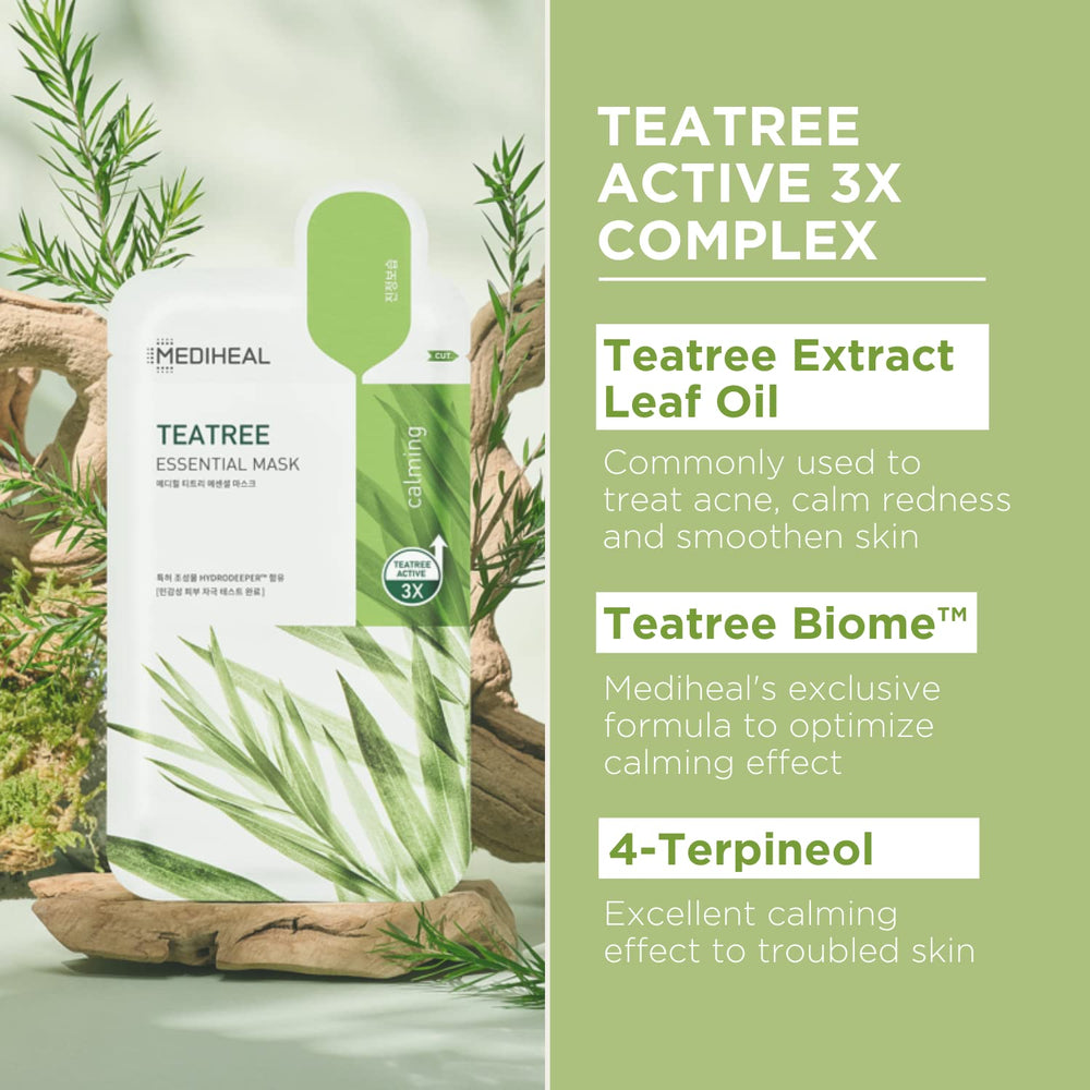 Mediheal Tea Tree Mask sheet on face demonstrating soothing application.