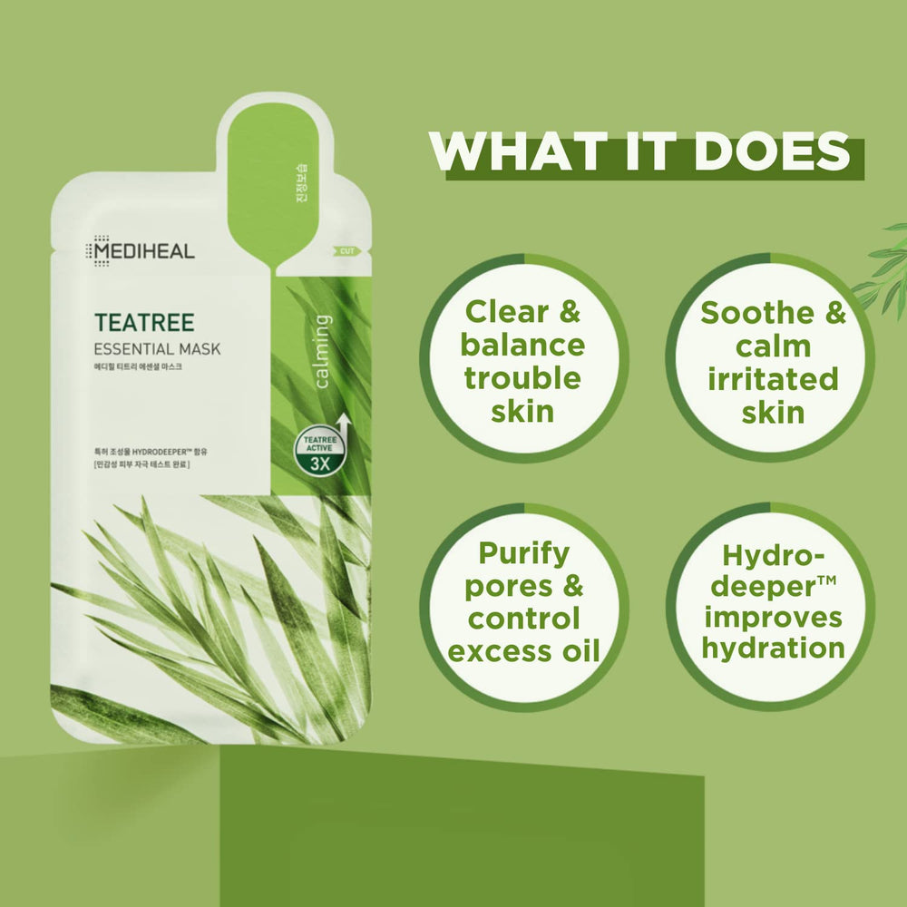 Mediheal Tea Tree Mask sheets box showcasing a 10-sheet kit for routine skincare.