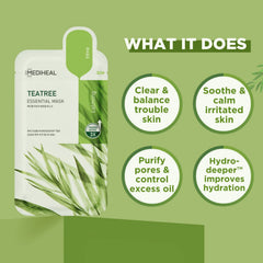 Mediheal Tea Tree Mask sheets box showcasing a 10-sheet kit for routine skincare.
