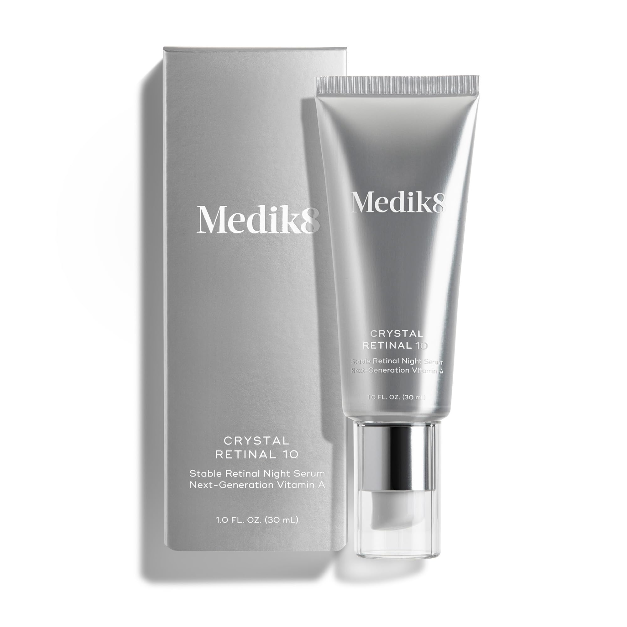 Medik8 Crystal Retinal 10 bottle view highlighting hydrating night serum benefits