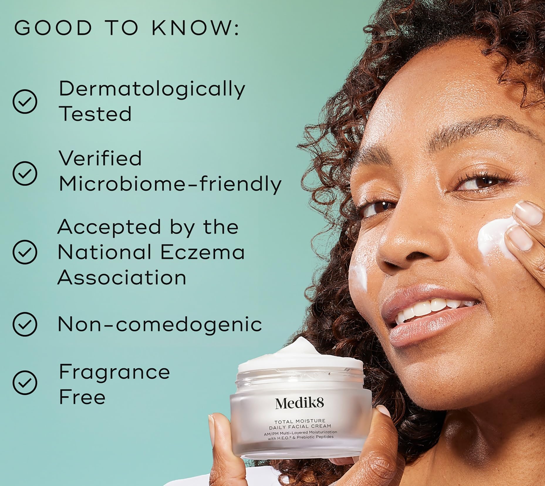 Medik8 Total Moisture cream applied on face as makeup base.