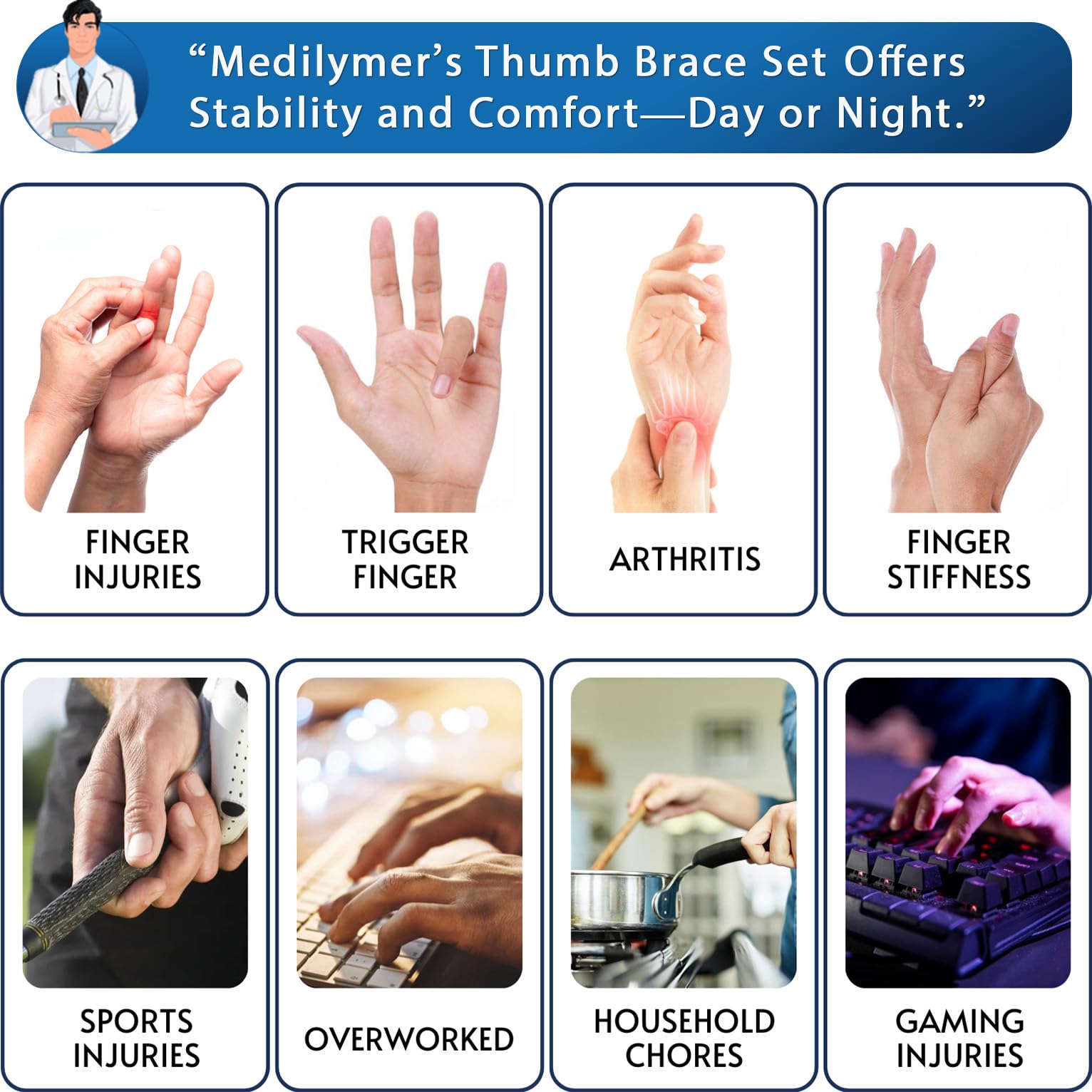 MEDILYMER Thumb Brace 2-Pack potential relief for arthritis or injuries during daily activities