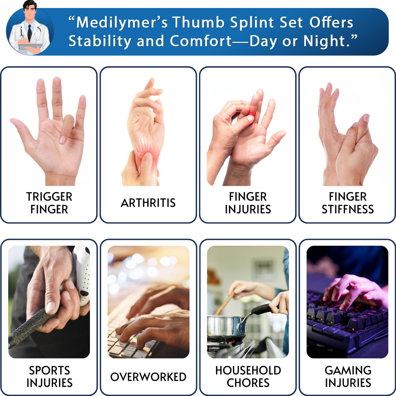 MEDILYMER Thumb Splint supports at-home recovery and daily activities.