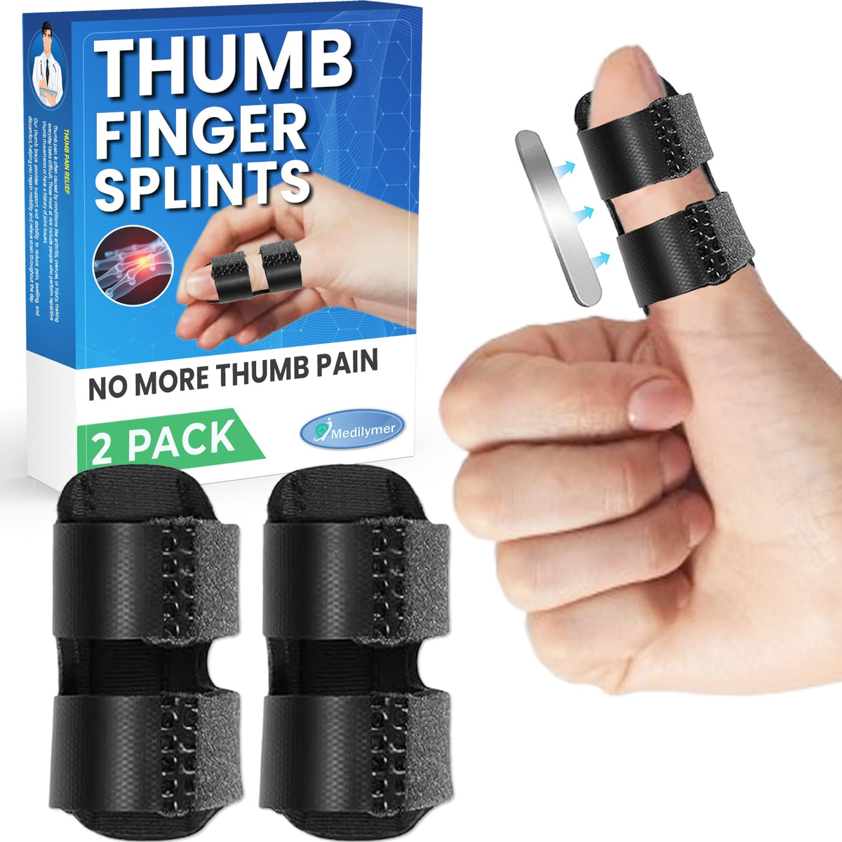 MEDILYMER Thumb Splint two-pack for left or right thumb immobilization.