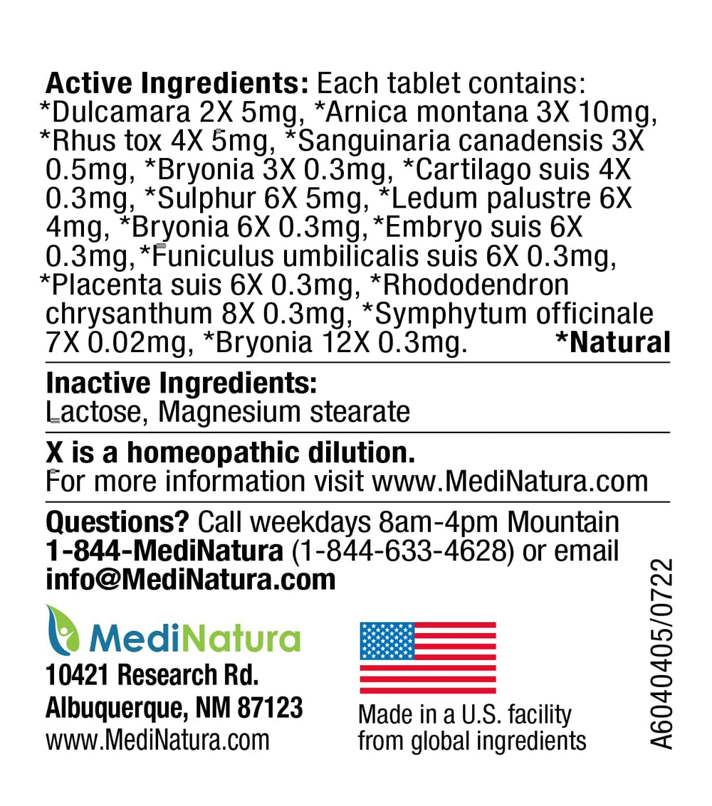 Close-up of MediNatura T-Relief tablets showing natural ingredients for joint care.