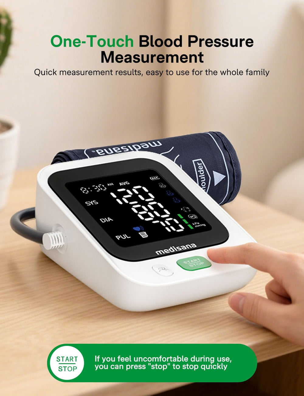 Medisana 3 color WHO indicator highlights reading categories clearly.