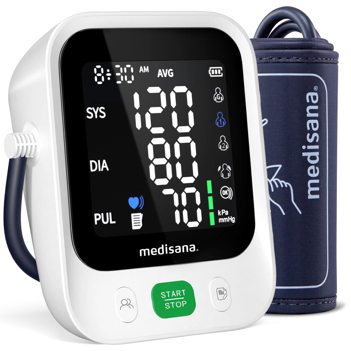 Medisana blood pressure monitor front view with easy to read large display.